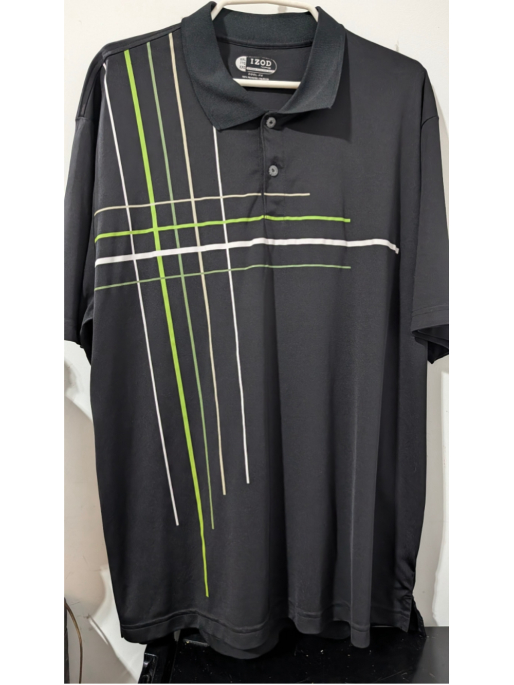 Men's IZOD Polo Shirt XXL Black with Green and White Geometric Lines